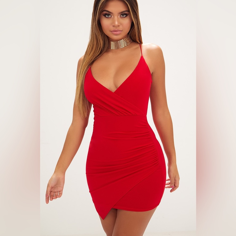 Red Slinky Wrap Strappy Bodycon Dress